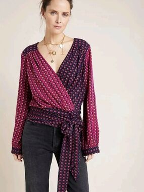Maeve Anthropologie Lisa Navy Magenta Floral Puff Sleeve Faux Wrap Tie Blouse 14